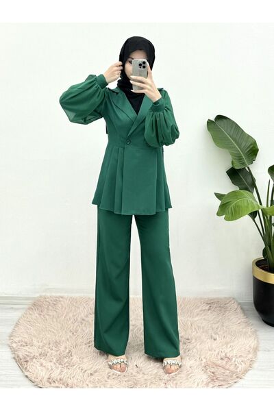 HİJABAYA Single Button and Balloon Arm Side Pleated Double Set