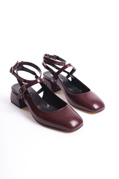 MEET Women's Mary Jane Claret Red Patent Leather Open Back Square Toe Helmet Short Blocked Heeled Shoes Narrow Fit