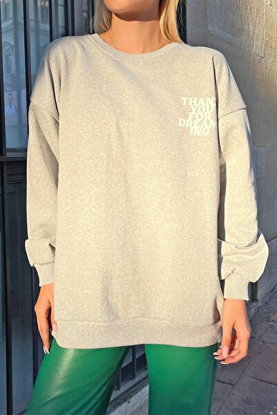 Swist Gray Thank You Printed Cotton Women's Sweatshirt