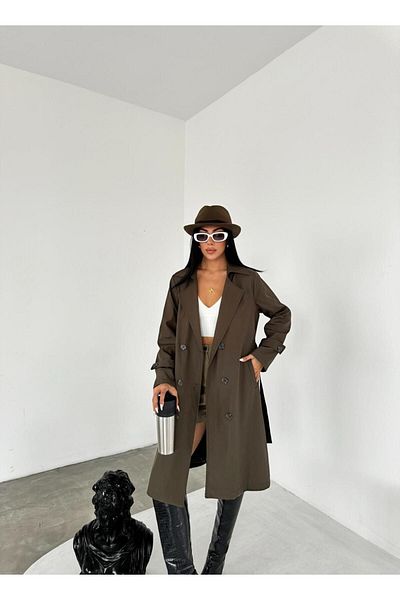 giyimmasalı Bondit Fabric Buttoned Trench Coat - Khaki Green