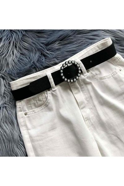Kemerix Jadin Black Round Stone Belt with Silver Buckle