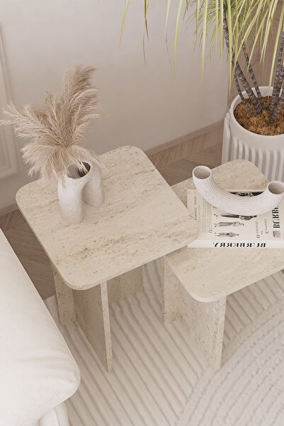 OBİ Atölye Kare Zigon Sehpa Takımı, 2 li Set, Yan Sehpa - Traverten Desen