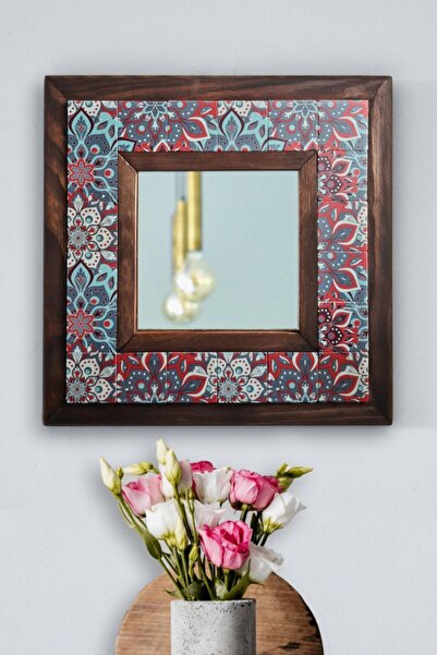 Mandala Temalı, Masif Ahşap Ve Desenli Mermerden Dekoratif Ayna - 34x34cm - 027.1