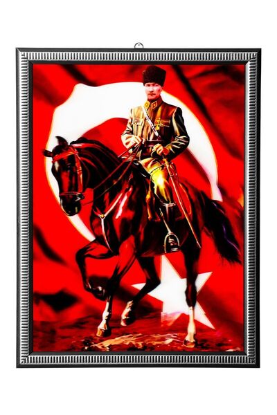 Burak Askeri Malzeme 5D Reçine Elmas Boyama 180° Hareketli At Üstünde Atatürk Çerçeveli Tablo Resim