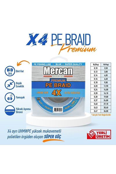 Mercan Premium X4 Pe Braid Blue Color Rope 300m Spool Line