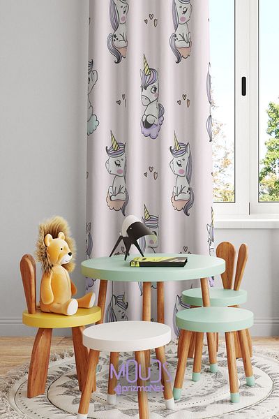 Moud's Unicorn Patterned Suede Background Curtain - Children's and Baby's Room, Digital Printed Extra String, Single Wing