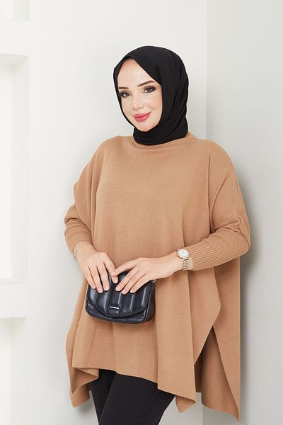 LE CARAMBOLE Hijab Knitwear Oversize Slit Γυναικείο Πουλόβερ - Μπισκότο