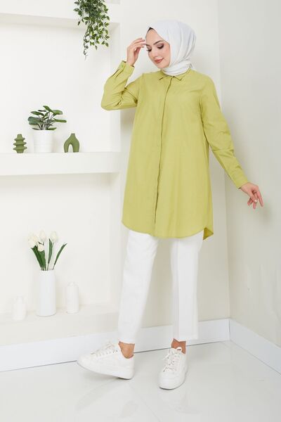 Eliva Γυναικείο μουσουλμανικό πουκάμισο Boyfriend με κρυφά κουμπιά με λαδί πράσινο θερικό