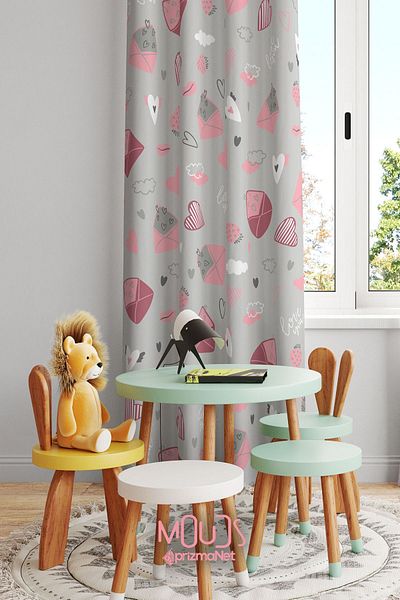 Moud's Extraform Drawstring - Heart and Envelope Patterned Suede Background Curtain for Children's and Baby's Room, Digital Printed Single Wing