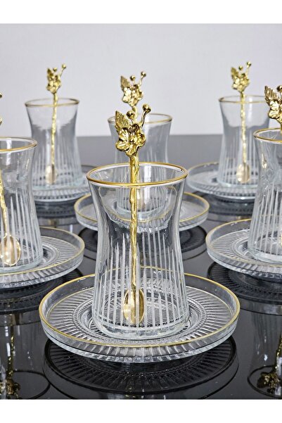 Aymin Kristal Çay seti Elysia Tabaklı 18 Parça Gold Yaldızlı Japon Gülü Çay Kaşıklı