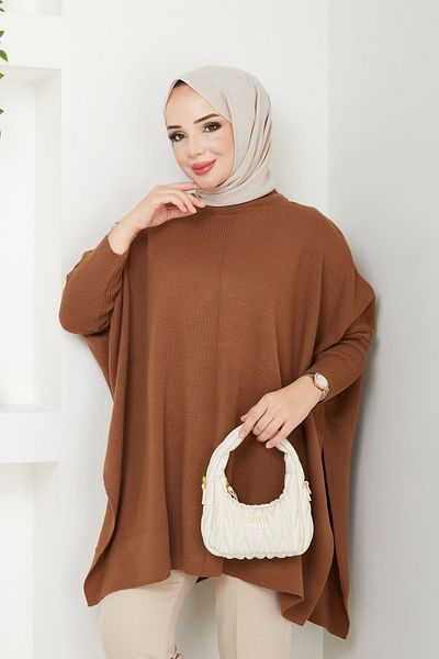 LE CARAMBOLE Oversize Tan Hijab Knitwear Γυναικείο πουλόβερ - με λεπτομέρεια με σκίσιμο