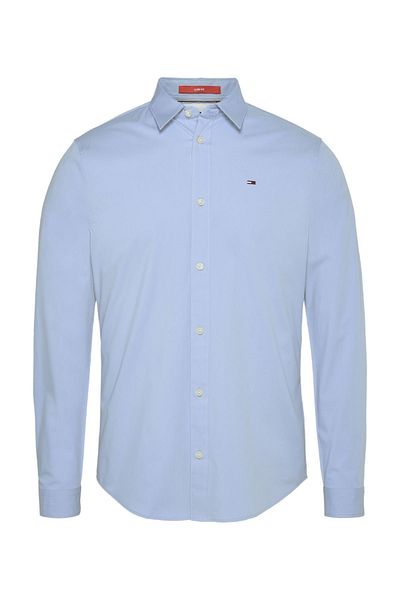 Tommy Hilfiger Men's Brand Logo Stretch Cotton Half-Lined Collar Stylish Looking Blue Shirt Suitable for Daily Use