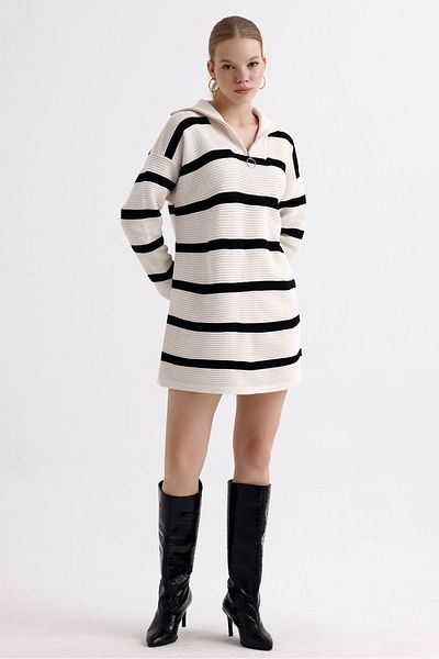 MD trend Patterned Oversize Striped Knitwear Tunic - Zippered Collar Women's Dress