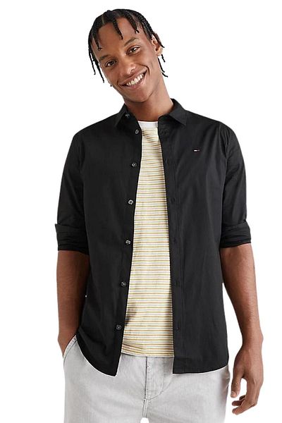 Tommy Hilfiger Men's Brand Logo Stretch Cotton Half-Lined Collar Stylish Looking Black Shirt Suitable for Daily Use