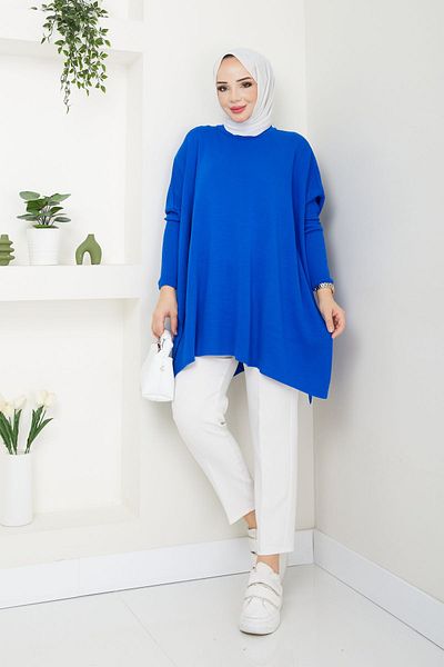LE CARAMBOLE Πλεκτό πουλόβερ Sax Blue Oversize Slit - Γυναικείο