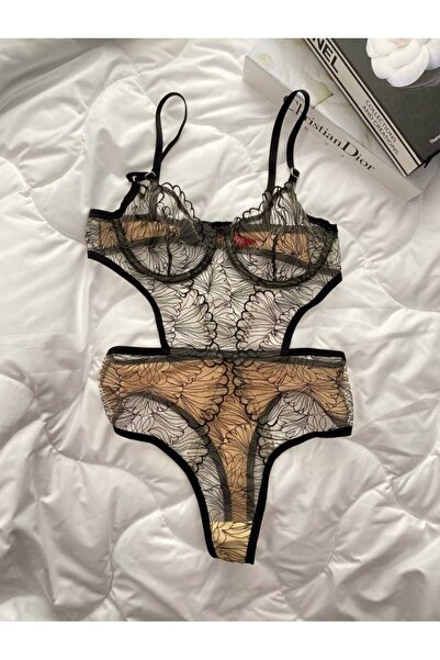 ARONA Siyah Dantelli Transparan Balenli Bodysuit