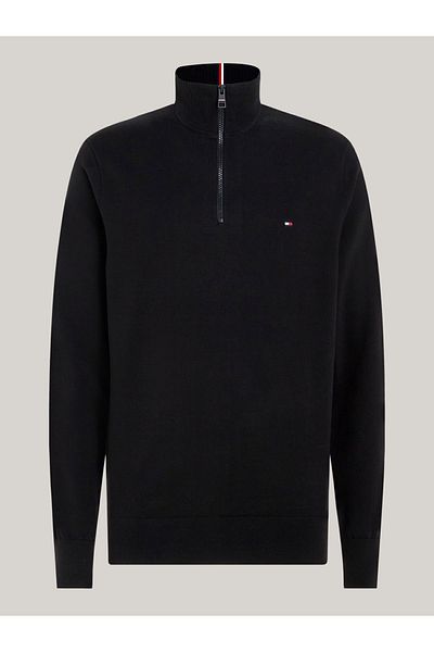 Tommy Hilfiger Men's Brand Logo Organic Cotton Blended Half Zipper Stylish Look Black Sweatshirt Mw0mw25352