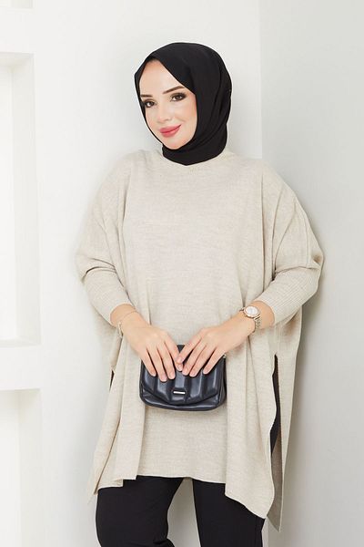 LE CARAMBOLE Μπεζ Hijab Knitwear Oversize Γυναικείο πουλόβερ με σκίσιμο