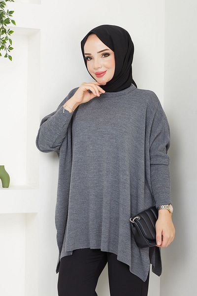LE CARAMBOLE Ανθρακί Πλεκτό Γυναικείο Πουλόβερ Oversize Slit