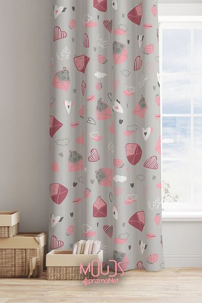 Moud's Extraform Drawstring - Heart and Envelope Patterned Suede Background Curtain for Children's and Baby's Room, Digital Printed Single Wing