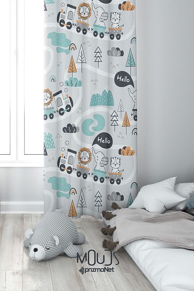 Moud's Suede Digital Printed Extra String - Toy Train Pattern, Single Wing Background Curtain Children's and Baby's Room