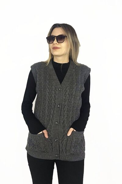 BARLAS TRİKO Vestă de damă, cu decolteu în V, din lână groasă, model picior d...