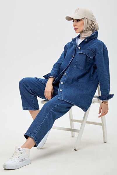 TOFİSA Women's Jeans Pocket Shirt and Mom Jeans Pants Bottom Top Set - 23671