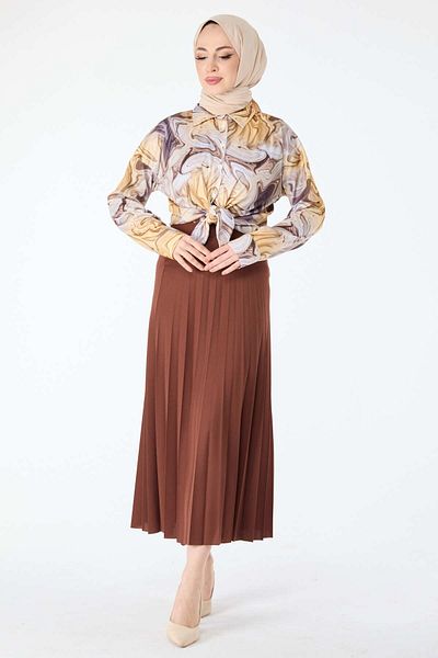 TOFİSA Brown Pleated Women's Skirt - Straight Medium 23035