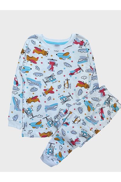 elmas kids Boys' Cotton Ribbed White Airplane Helicopter Cloud Pattern Seasonal Long Sleeve Pajamas Set