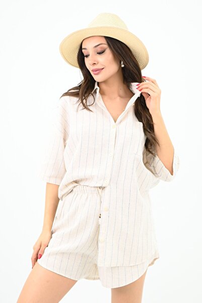 Koza Butik طقم شورت نسائي مخطط من الكتان - 0014 23132