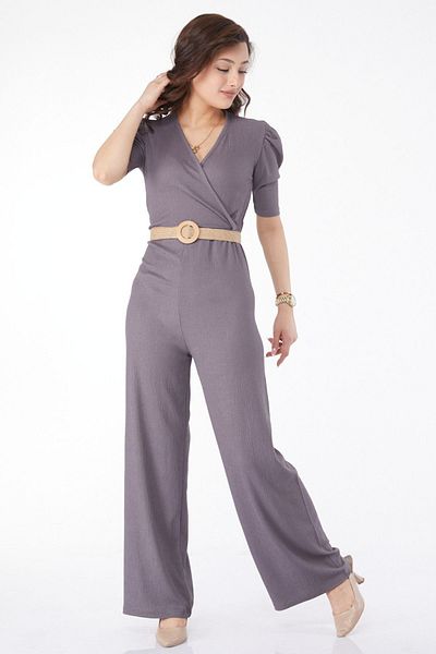 TOFİSA Gray Straight Double-breasted Women's Jumpsuit with Belt - 24659