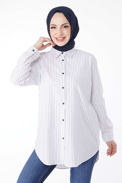 TOFİSA Plain Shirt Collar Women's White Striped Shirt - 25039