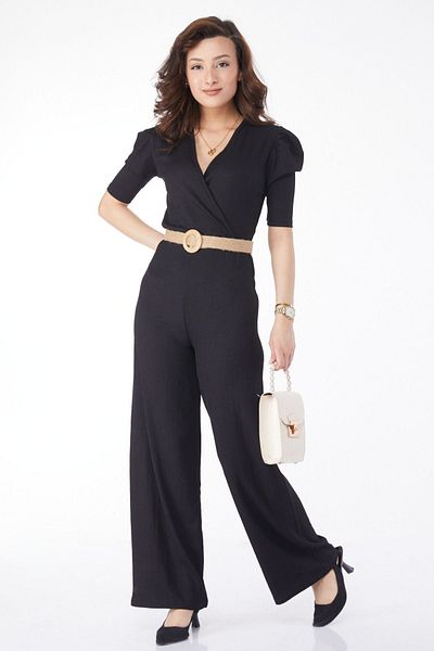 TOFİSA Black Belted Straight Double Breasted Women's Jumpsuit - 24659