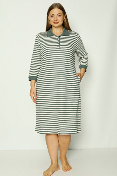 İntensive Γυναικείο φόρεμα με μοτίβο γραμμής με τσέπη με κουμπιά τριών τετάρτων μανίκι συν μέγεθος βαμβακερό ζακάρ φόρεμα