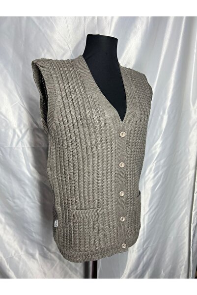 BARLAS TRİKO Kadın V Yaka Kalın Yün Saç Örgü Triko Düğmeli Cepli Anne Yelek