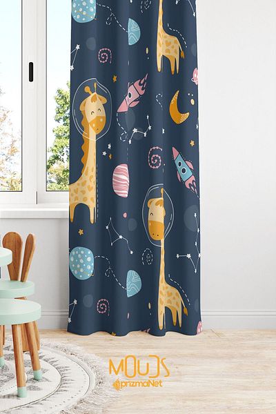 Moud's Giraffe Patterned Space Background Curtain - Children's and Baby's Room, Suede Digital Printed Extra-Force, Single Wing