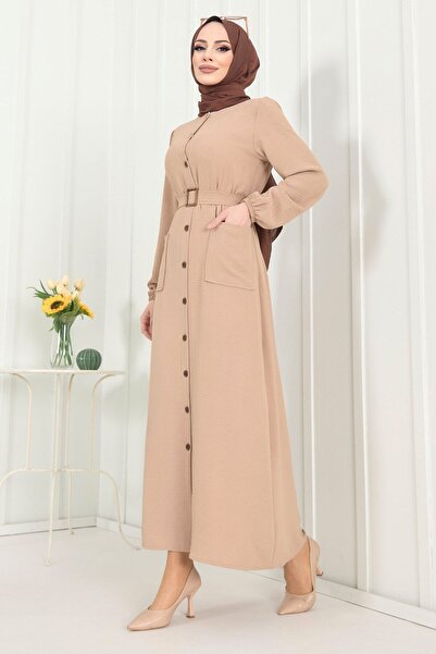 TOFİSA Beiges gerades mittellanges Damenkleid - 11659