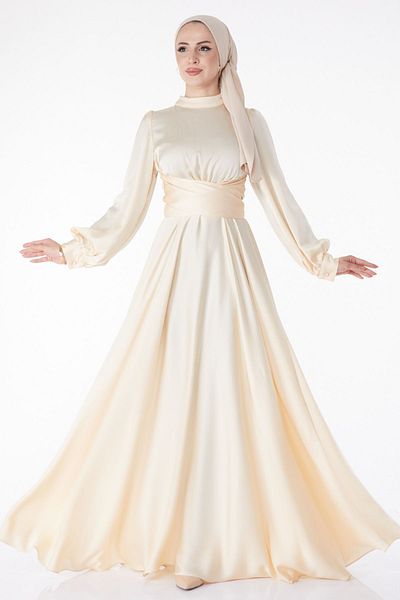 TOFİSA Beiges Abendkleid für Damen mit geradem, hohem Kragen und überkreuztem Gürtel - 24886