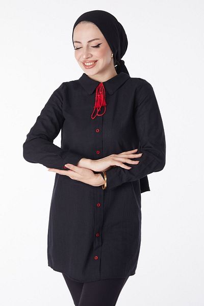 TOFİSA Flat Shirt Collar Women's Black Tassel Detailed Tunic - 13159