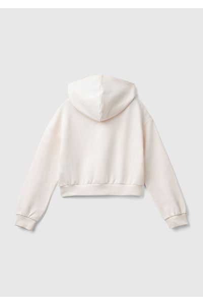 United Colors of Benetton Barbie Printed - Girl's Ecru Hooded Short Sweatshirt