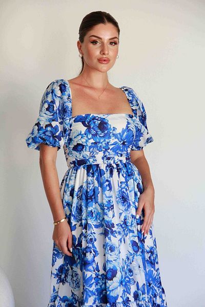 Julishop Imprimeu floral albastru și alb - rochie midi premium cu mânecă cu balon