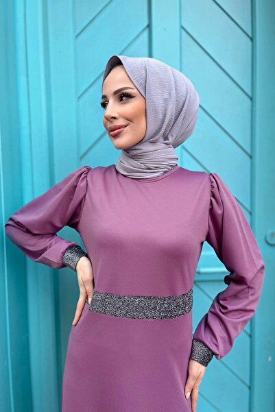 TOFİSA Liliowa sukienka damska – gładka, z okrągłym dekoltem – 11361