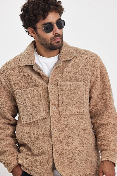 MADZEYMODA Мъжко зимно поларено яке - с подплата, закопчаване с копчета, цвят норка, плюш Mz86059