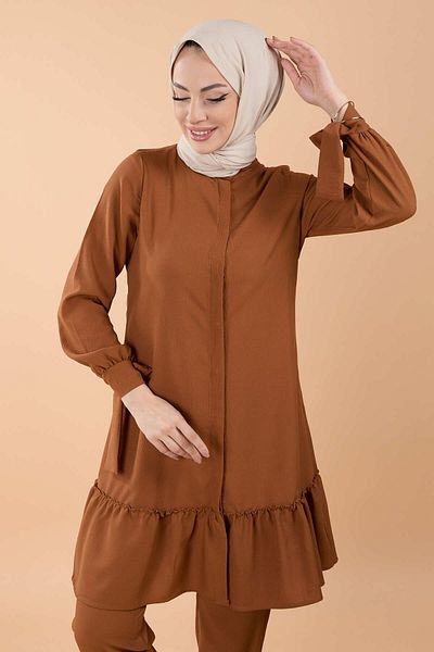 TOFİSA Judge Collar Women's Tunic and Trousers Set - Tan 13063