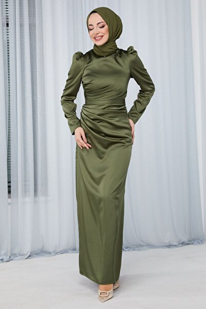 TOFİSA Khaki Women's Evening Dress - Plain Crew Neck - 23686