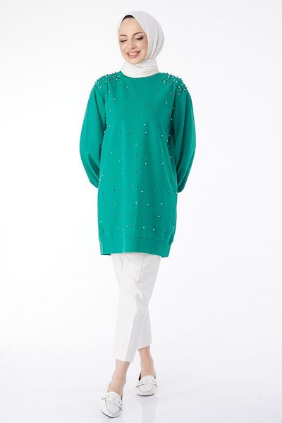 TOFİSA Green Balloon Sleeve Stone Detailed Women's Tunic - Plain Crew Neck - 24606