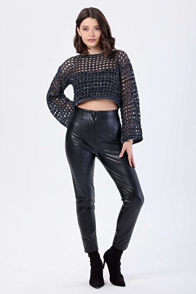 TOFİSA Medium Women's Black Leather Trousers - Straight 24053