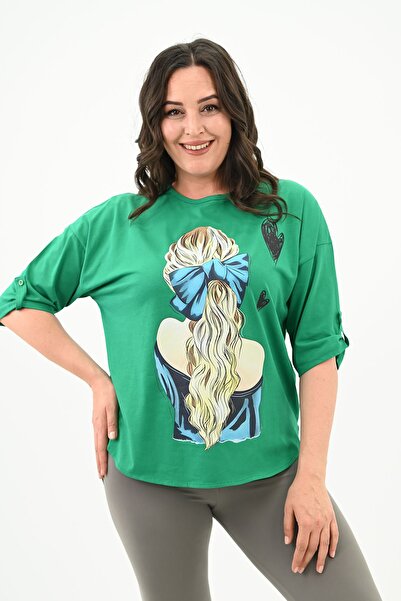 Koza Butik Γυναικείο μπλουζάκι με στάμπα καρδιάς Oversize - Plus Size 1773-3-24
