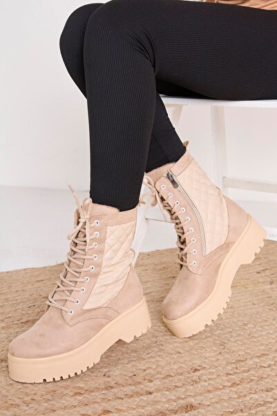 TOFİSA Μπεζ σουέντ γυναικείες μπότες - 23059