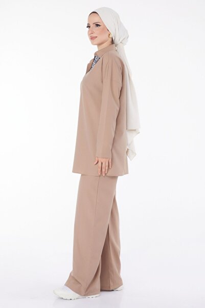 TOFİSA Γυναικείο Σετ Τουνίκ και Παντελόνι Mink - Κολάρο πουκάμισο μονόχρωμο - 13201